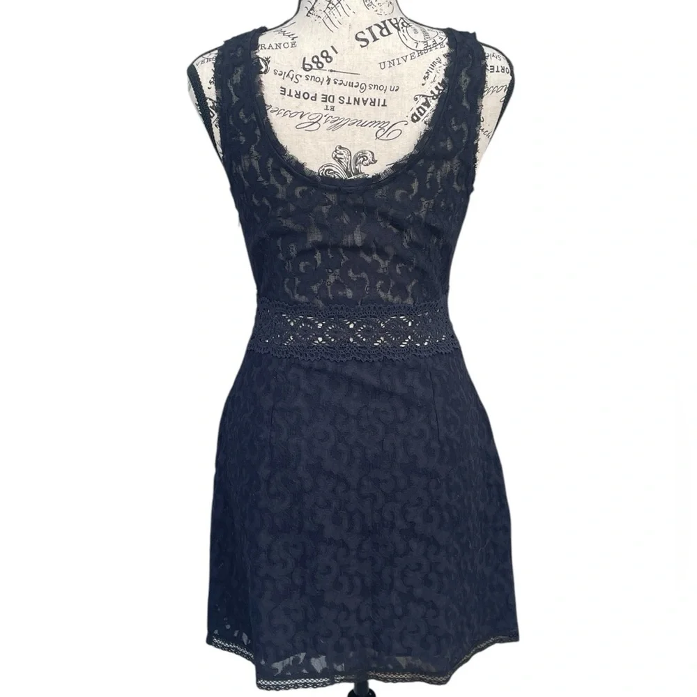 Free People Black Daisy Chain Lace Crochet Bodycon‎ Mini Hippie Dress Siz…